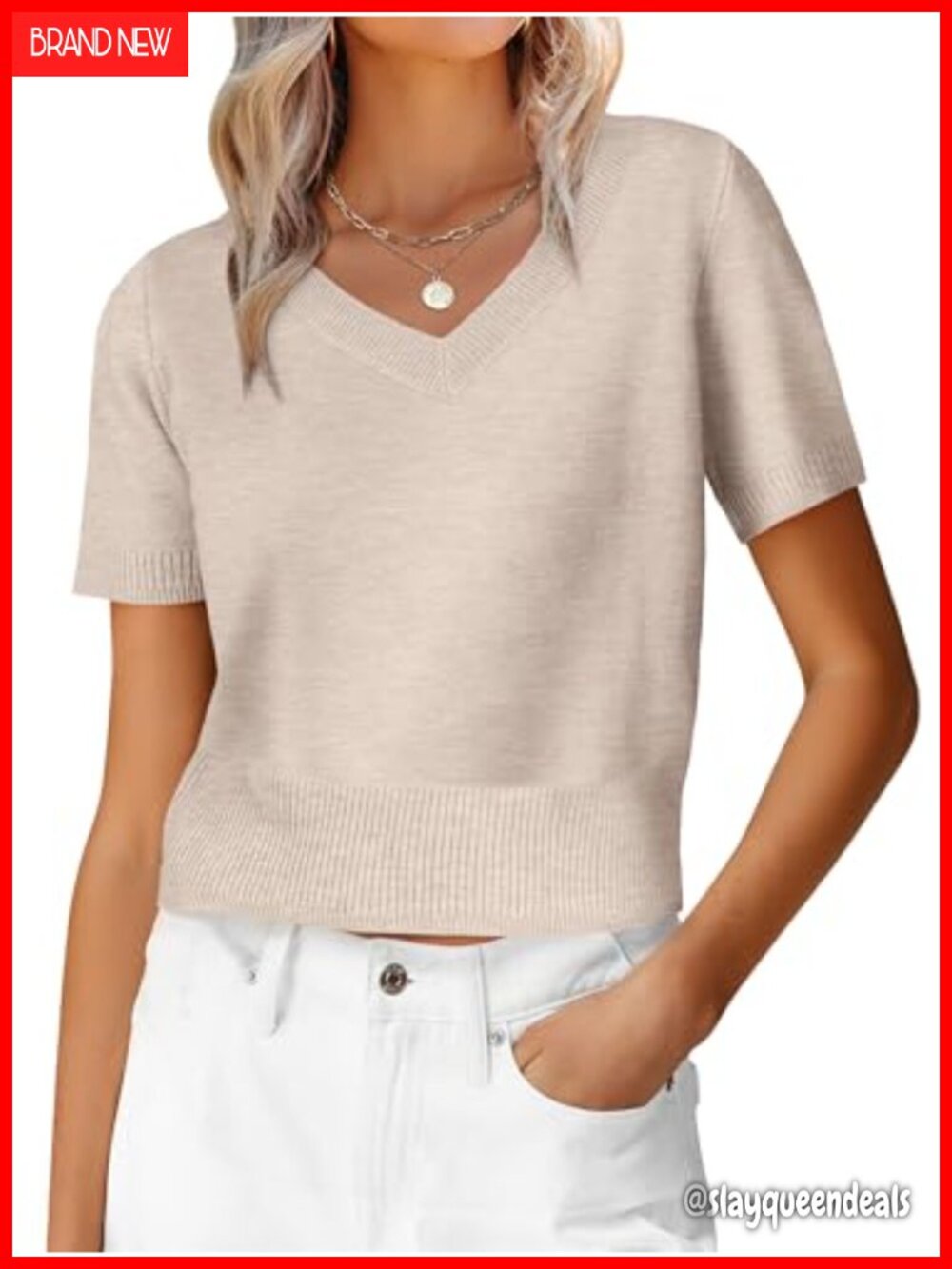 Womens Cropped V Neck Short Sleeve Sweater Ribbed Knit Pullover